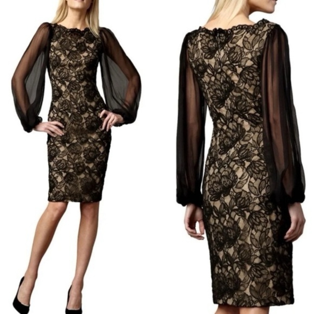 NWT Tadashi Shoji Black Floral Lace Balloon Sleeve Dress 8